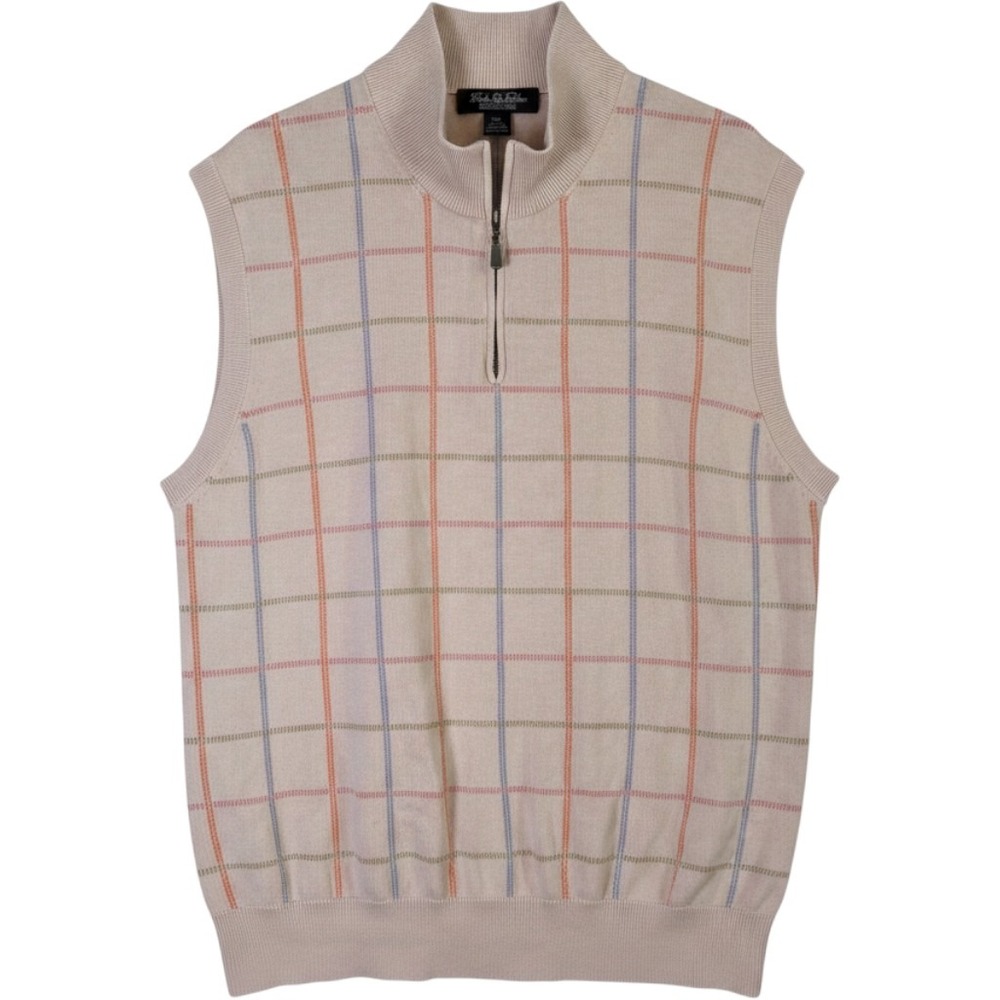 Brooks Brothers Country Club Mens XXL Silk Cotton Windowpane Plaid 1/4 Zip Vest